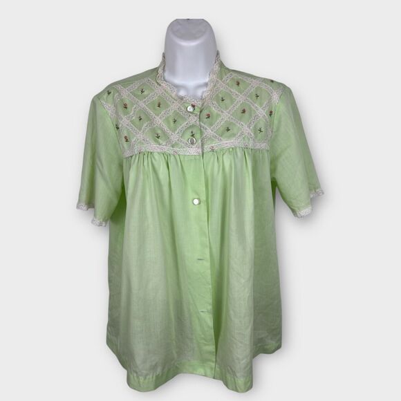 Vintage 50s 60s cotton embroidered green floral lace button up night shirt L - Picture 1 of 9
